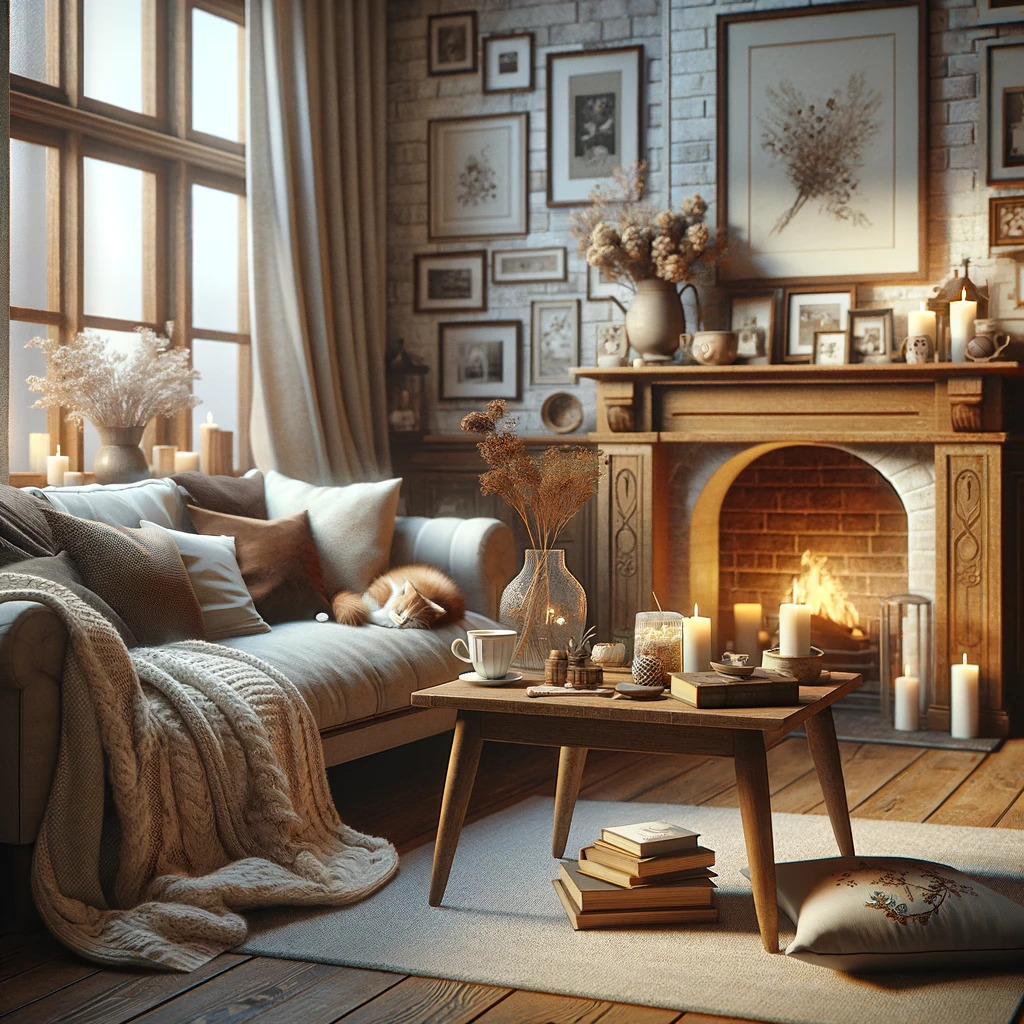 Comfortable living space with fireplace and where you would want to wear comfortable socks and comfortable clothes.