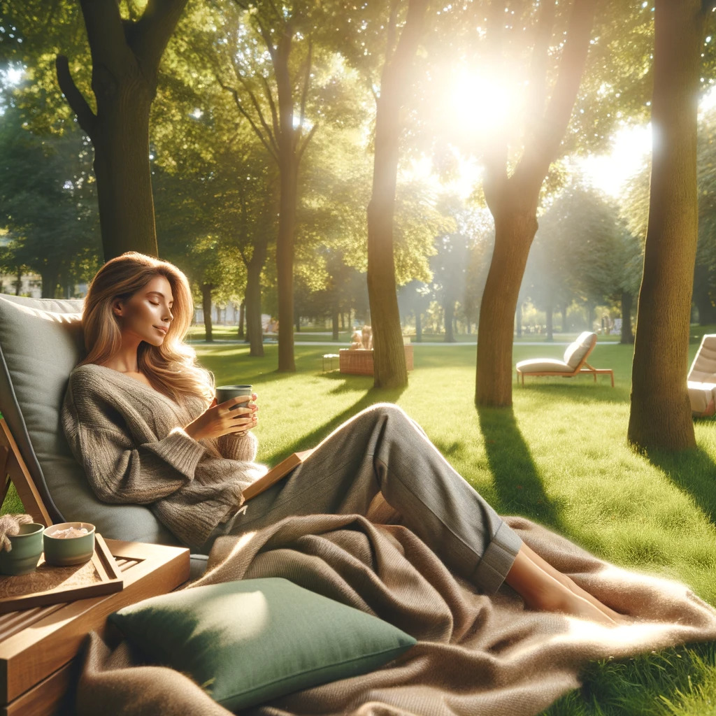 "Woman relaxing in a sunlit park, exuding tranquility and comfort, nestled on a lounge chair with a warm drink, embodying the essence of outdoor relaxation."